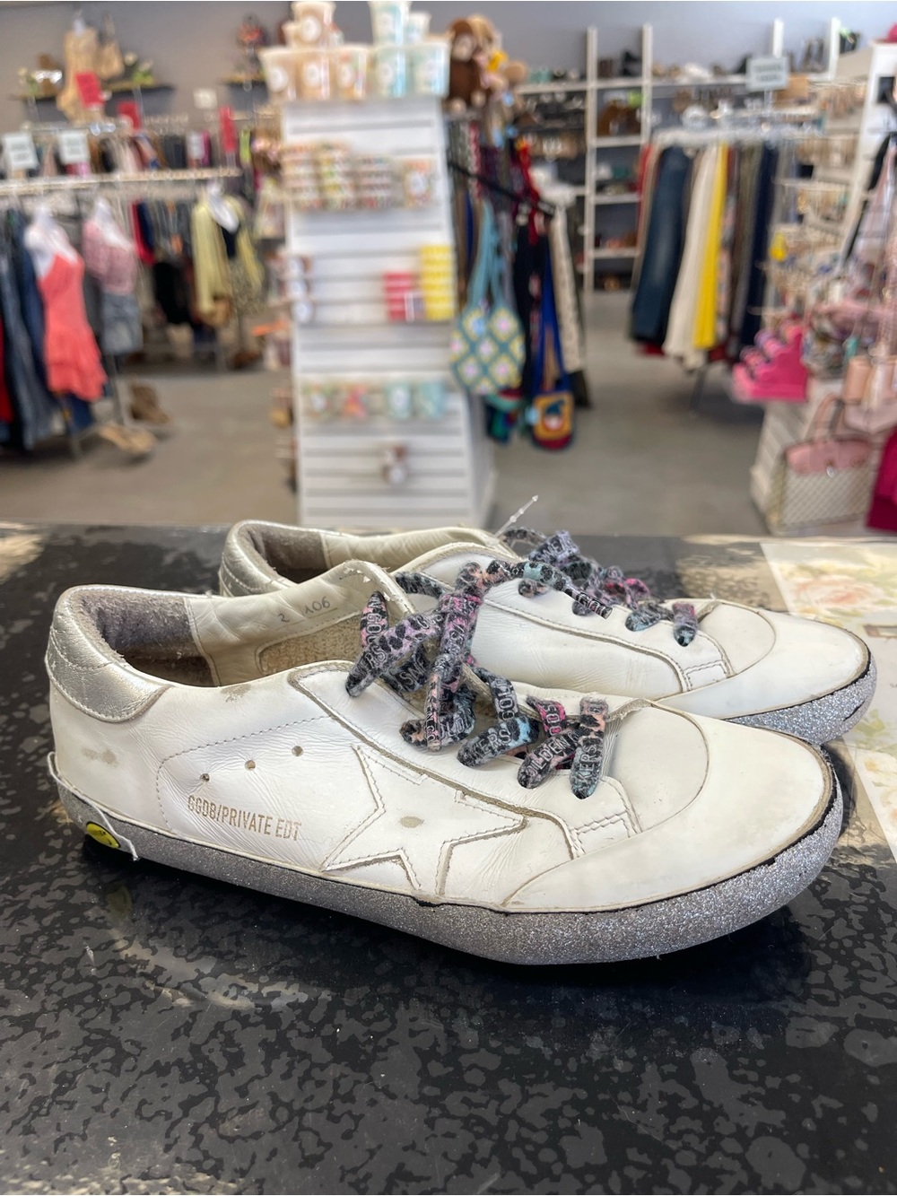 Golden Goose White Sneakers with Metallic Heel Tab and Patterned Laces